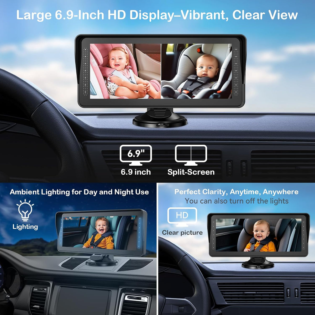 Cámara dual de coche para bebé para 2 niños pantalla