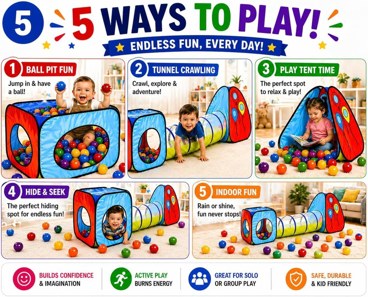 Kiddey - Juego de túnel y alberca de pelotas | Tiendas de campaña emergentes de 3 piezas para niños, bebés y niños pequeños, niños y niñas | Juego de regalo para interiores y exteriores | Albercas de