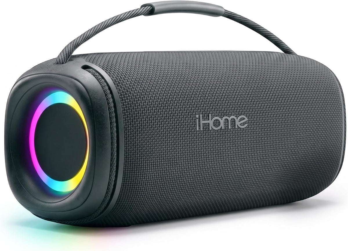 iHome Quest Max - Altavoz portátil inalámbrico, Bluetooth 5.3, luces RGB que cambian de color, resistente al agua, batería recargable, correa de transporte, emparejamiento de altavoces TWS