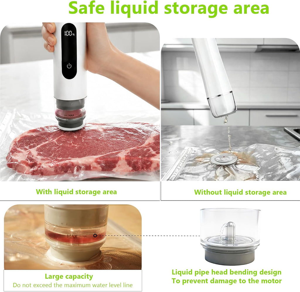 Sellador al vacío compacto para almacenamiento de alimentos: sellador portátil de alimentos de mano, succión de 80 kPa, batería de 1800 mAh, 30 bolsas de vacío reutilizables, conserva la frescura 5 veces con fácil operación