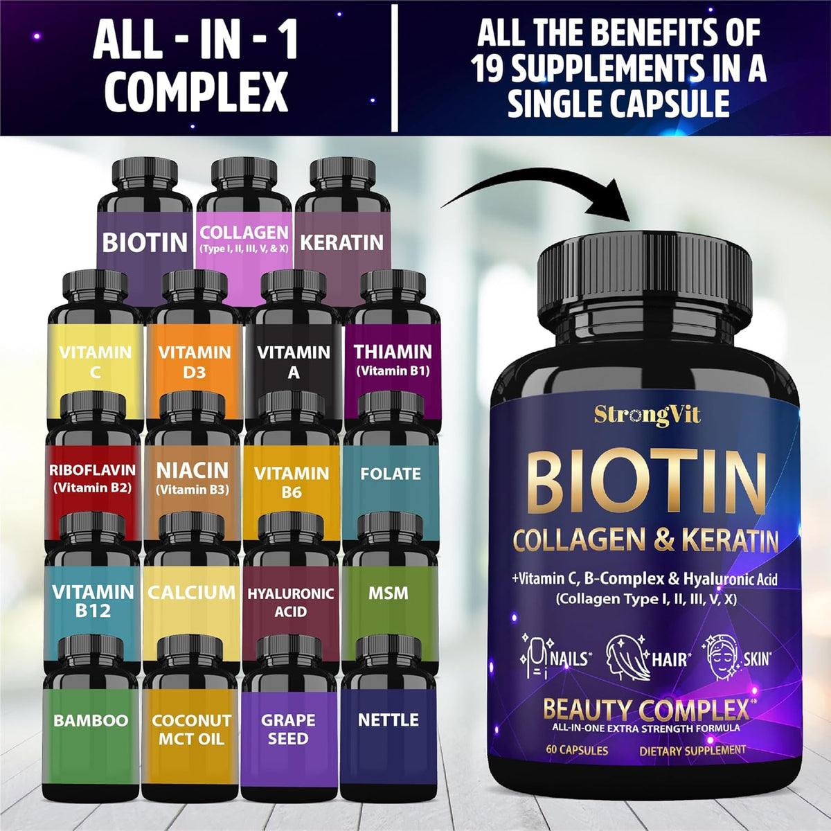 Biotina con ácido hialurónico, queratina y suplementos de colágeno...