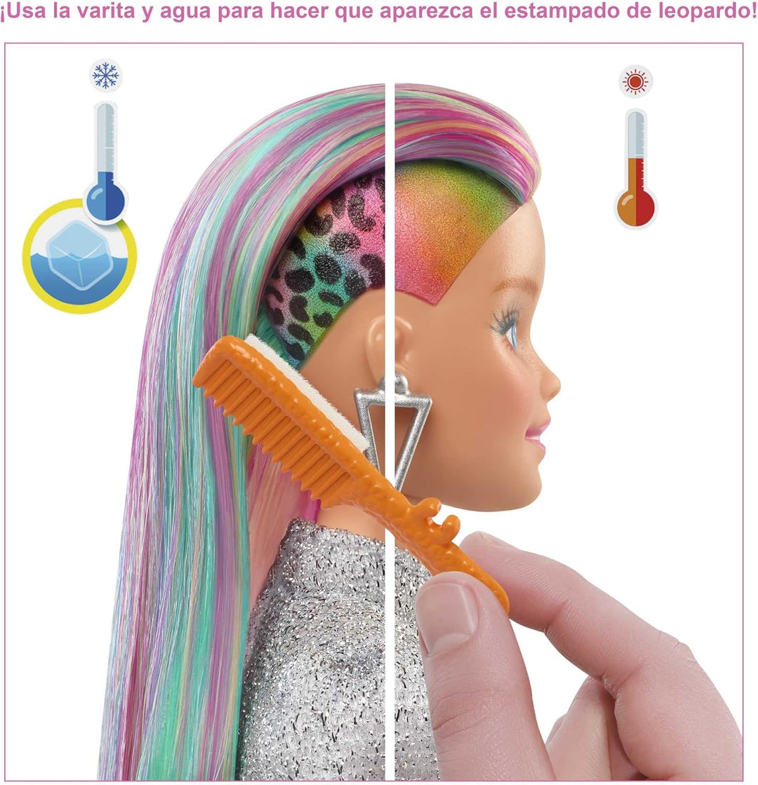 Barbie Muñeca de pelo arcoíris de leopardo con reflejos que cambian...
