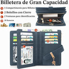 Cartera triple con bloqueo RFID para mujer, tarjetero de cuero PU