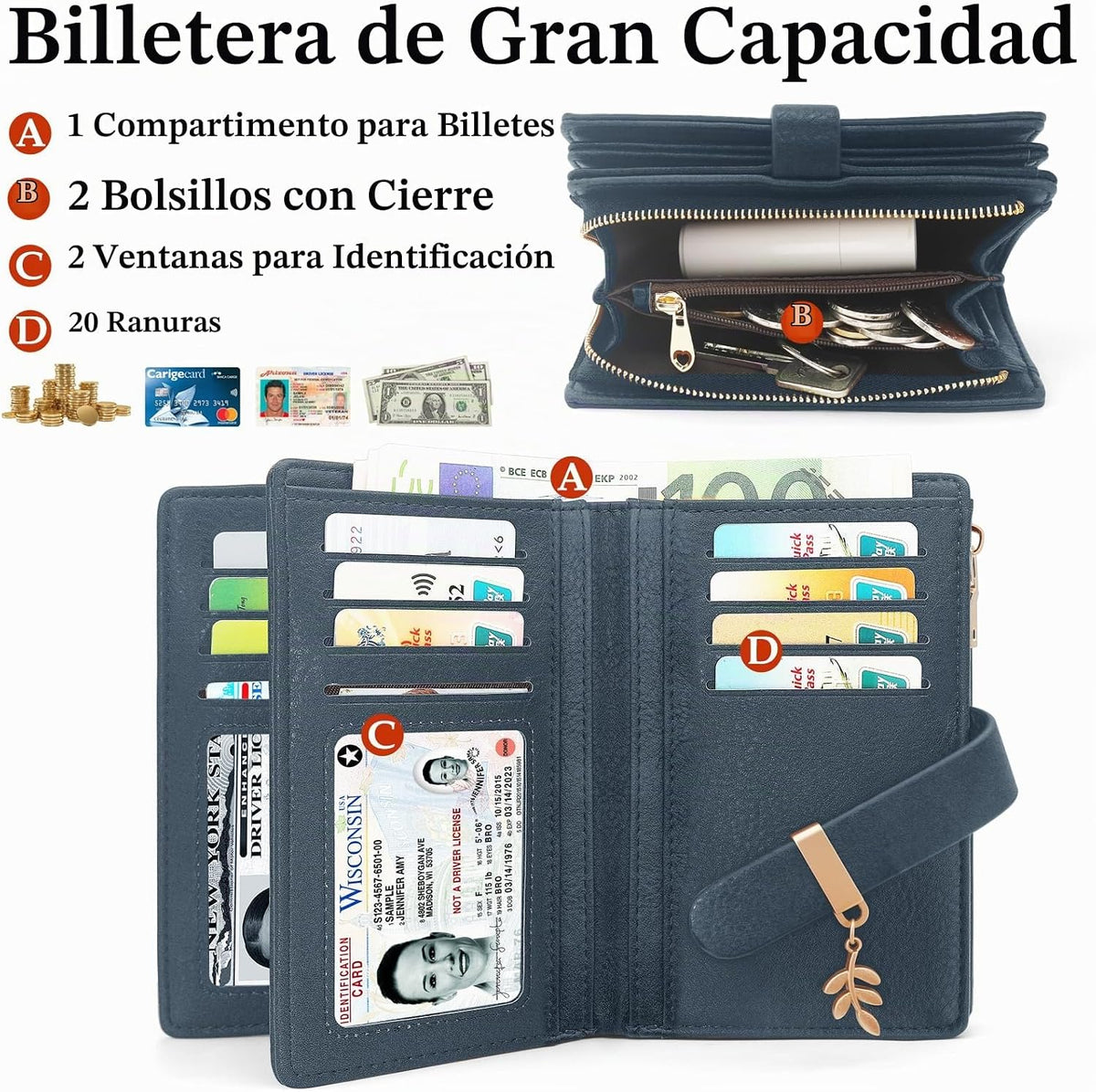 Cartera triple con bloqueo RFID para mujer, tarjetero de cuero PU