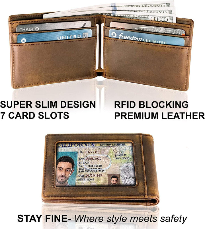 STAY FINE - Billetera minimalista para hombres de cuero RFID plegab...