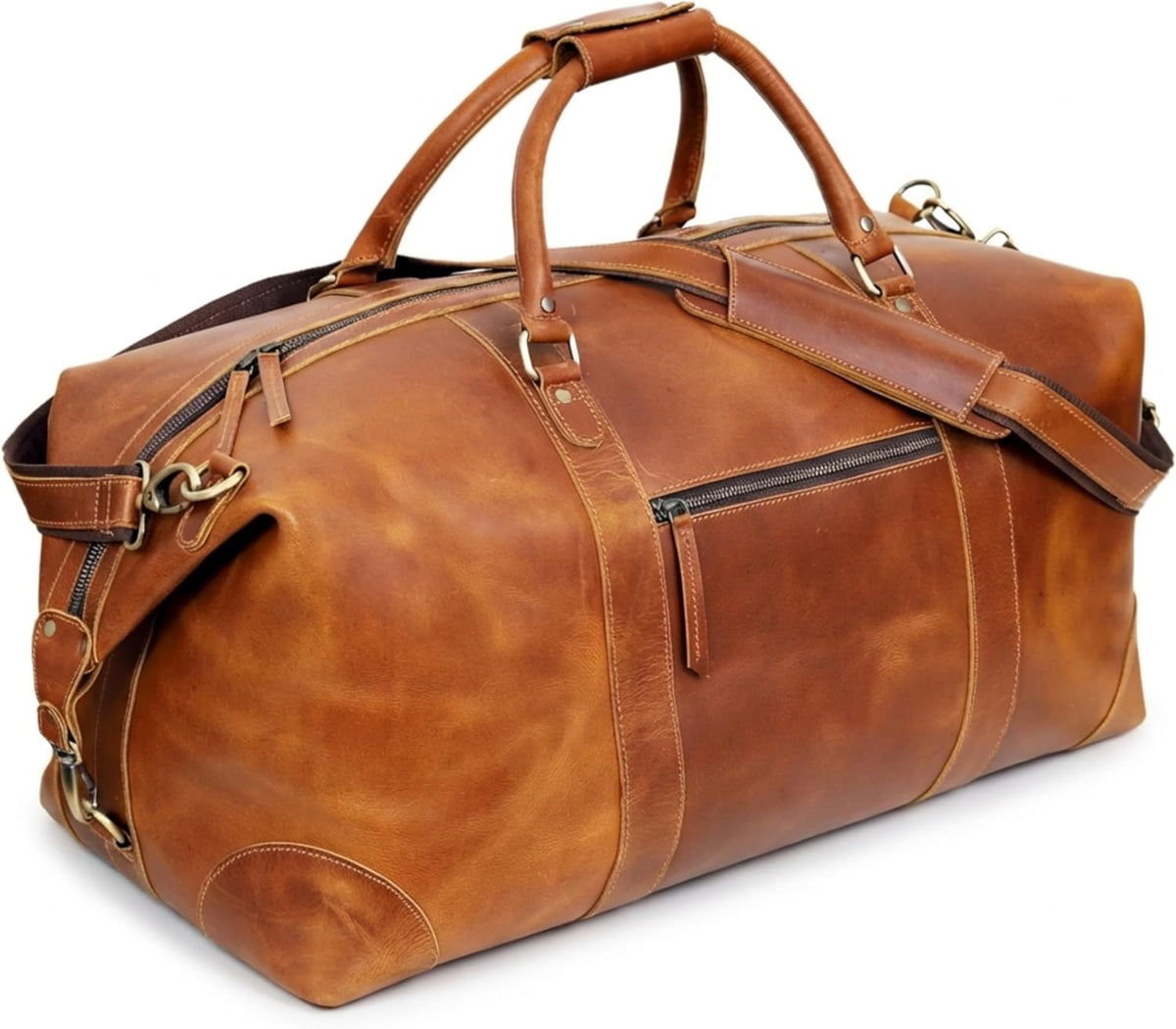 Bolsa de lona de cuero de grano completo de 24 pulgadas para hombres, bolsa de viaje de fin de semana de búfalo para la noche, bolsa de mano con bronceado organizado