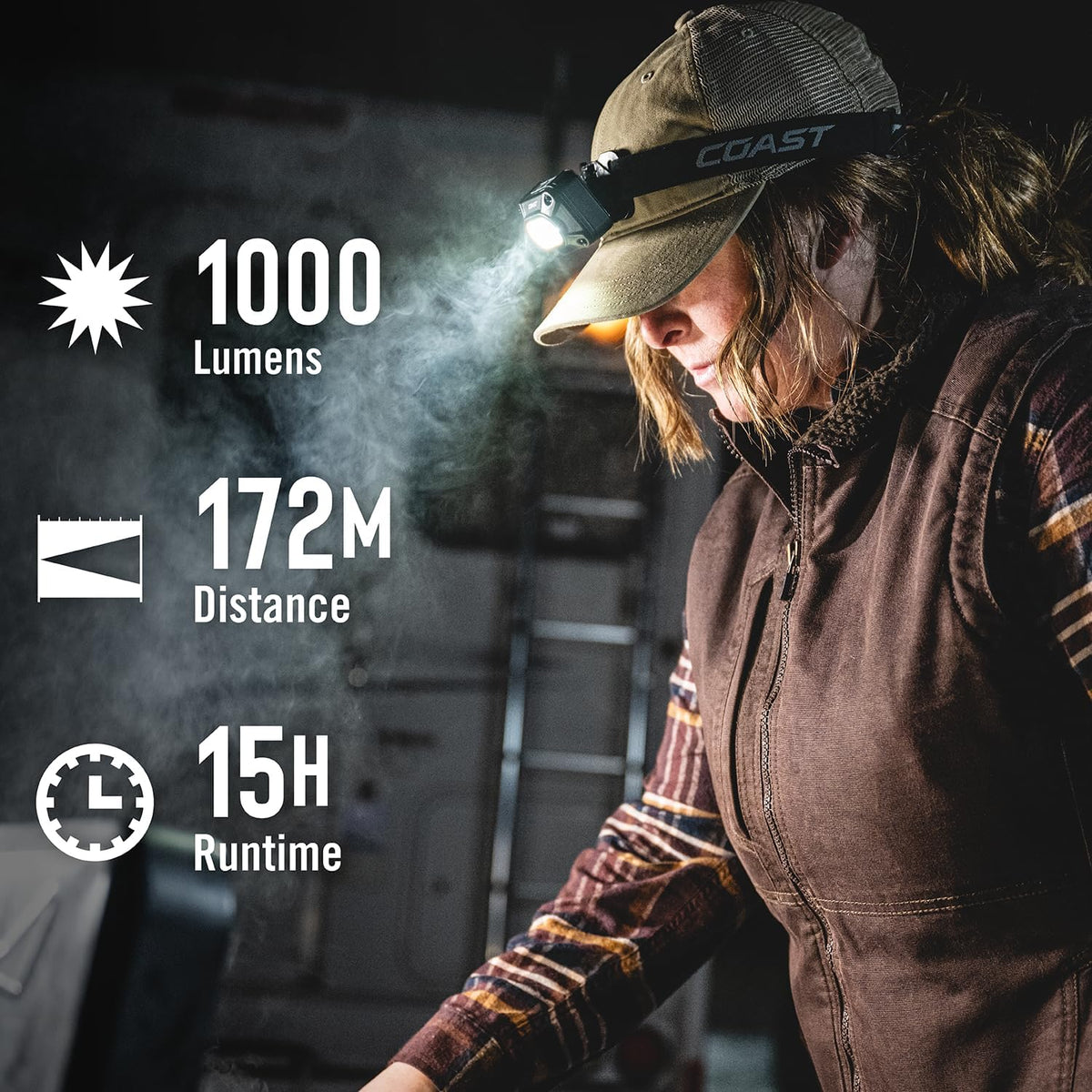 Coast FLX10R - Linterna frontal LED recargable USB-C de 1000 lúmenes, modos de luz roja y verde, inundación y punto, paquete de 2