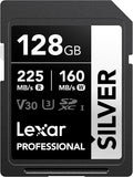 Lexar Tarjeta de memoria SD plateada de 128 GB, lectura de 225 MB/s, 4K