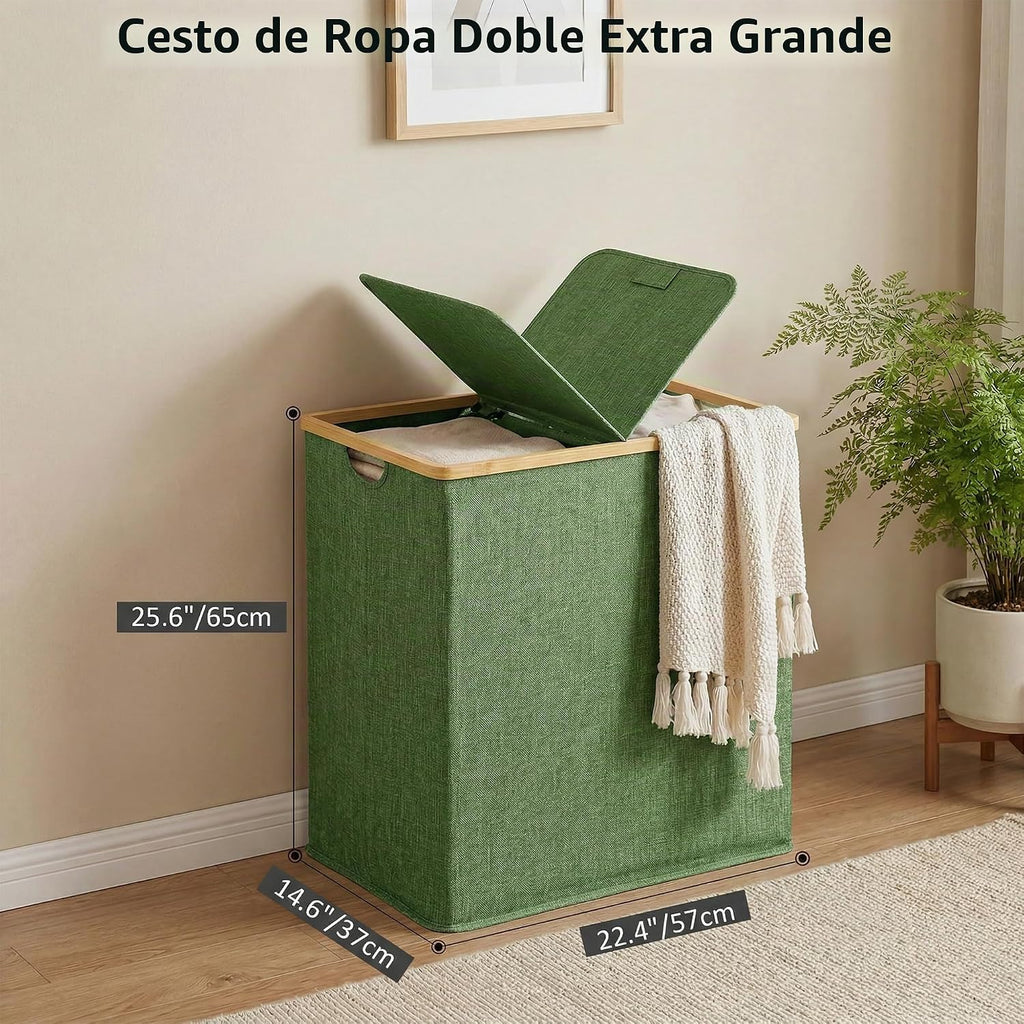 efluky - Cesta doble para ropa sucia con tapa y 2 bolsas extraíbles, color