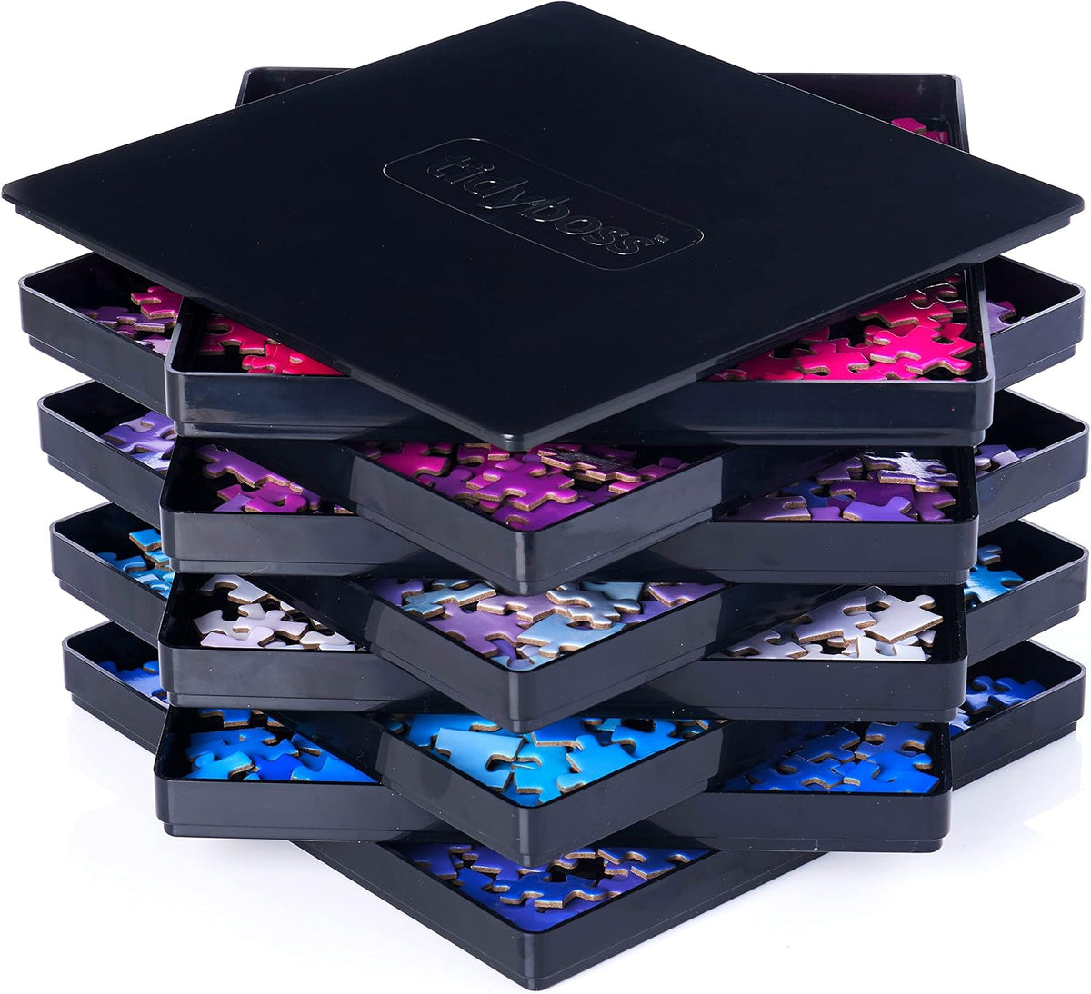 8 bandejas de clasificación de rompecabezas con tapa de 8 x 8 pulgadas, accesorios para rompecabezas de fondo negro que hacen que las piezas destaquen para ordenar mejor patrones, formas y colores