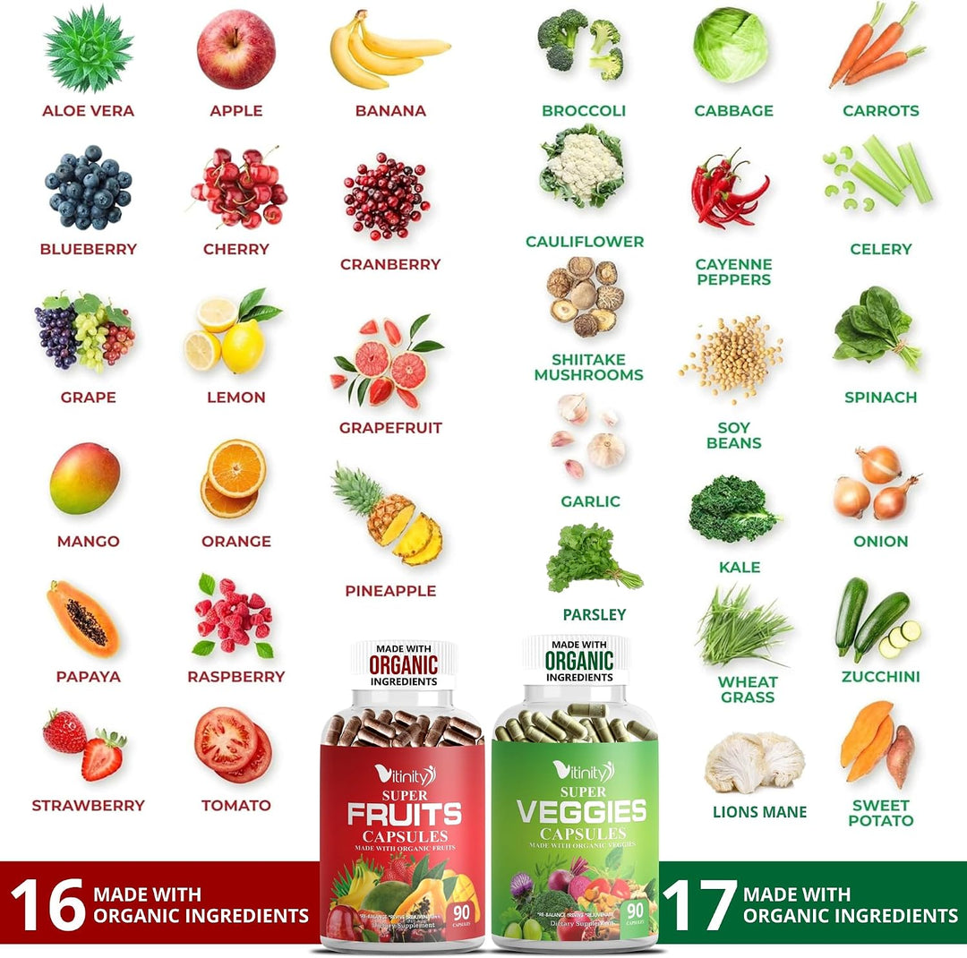 Fabricado con cápsulas orgánicas de frutas y verduras, suplemento v...
