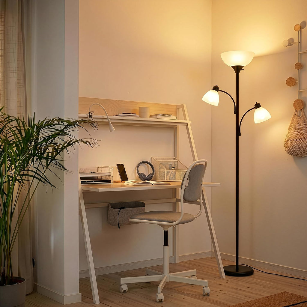 Brightech Sky Dome Lámpara de Piso Doble LED, Torchiere Lámpara de Piso Súper Brillante con 2 Lámparas de Lectura para Salas y Oficinas - Lámpara de Pie Alta Regulable para Lectura en Dormitorio - Poste Alto Negro
