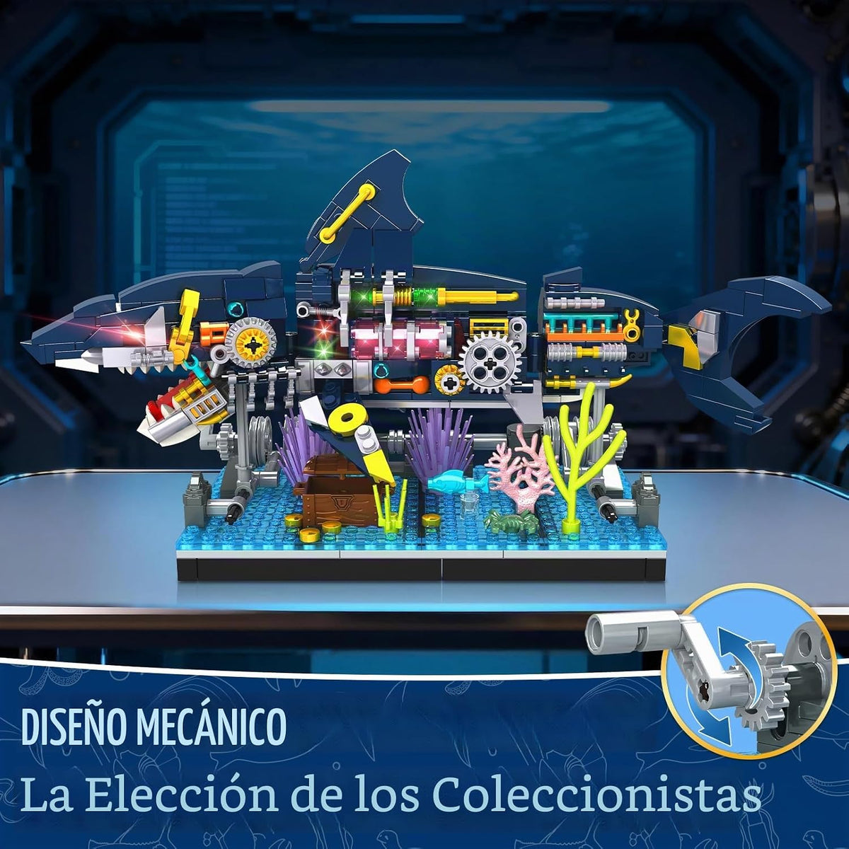Juego de bloques de construcción de tiburón, juguetes mecánicos giratorios de tiburón, regalos de cumpleaños para niños y niñas a partir de 6 años, diseño de peces de tiburón, decoración de oficina en casa