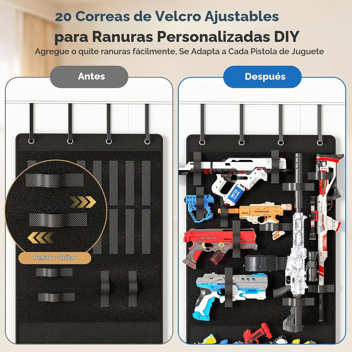 Organizador sobre la puerta para pistolas de juguete, colgador de puerta con bolsillos y ranuras para lanzadores de espuma, dardos, gafas para niños, organizador de almacenamiento de pistolas de