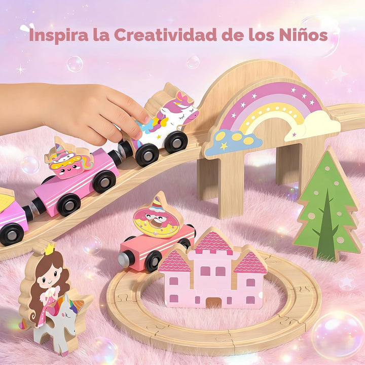 Juego de tren de madera de unicornio para niñas pequeñas de 2 a 4 a...