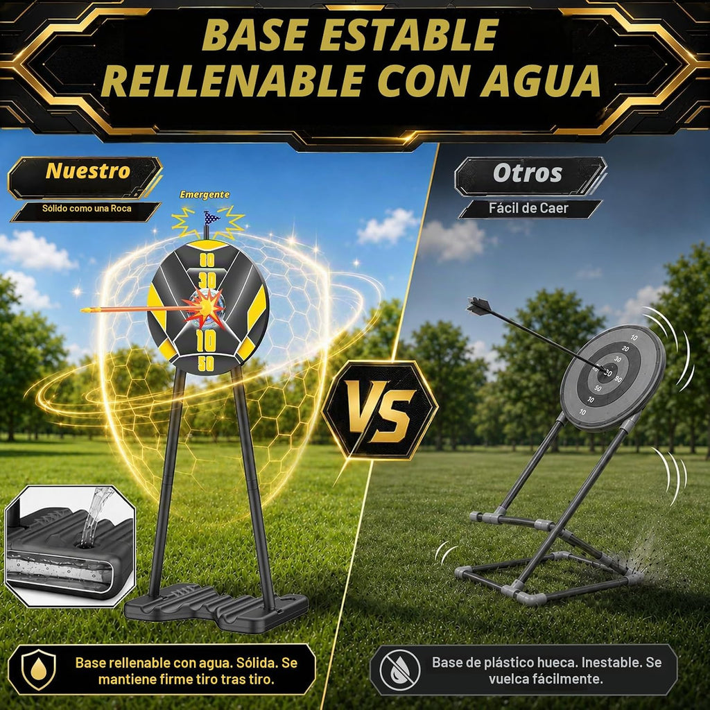 TIGTECGAME - Paquete de 2 arcos y flechas para niños con objetivo desplegable de pie, juego de tiro con arco con luz LED, 20 flechas de ventosa y 2 carcajes, juguetes para interiores y exteriores y