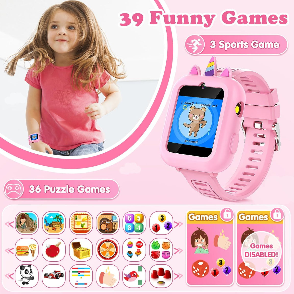 Smart Watch para Kids Girls Gift Age 3-12 con 39 Games Alarm Clock Camera