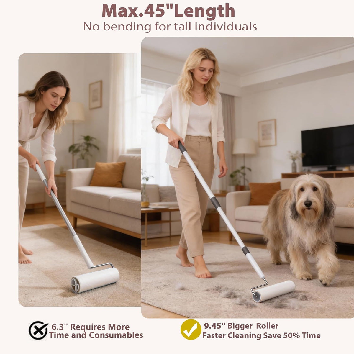 Rodillos Grandes de Pelusa para Pelo de Mascotas Extra Pegajosos, Rodillo Gigante de Pelusa con Mango Largo de 9.45 Pulgadas, 6 Rollos Reemplazables para Limpiar Alfombras, Ropa, Sofá, Limpiador de