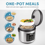 Aroma Housewares olla arrocera digital de 20 tazas (cocidas) (10 tazas sin cocer), olla de cocción lenta, vaporera de alimentos, exterior de acero inoxidable (ARC-150SB), negro