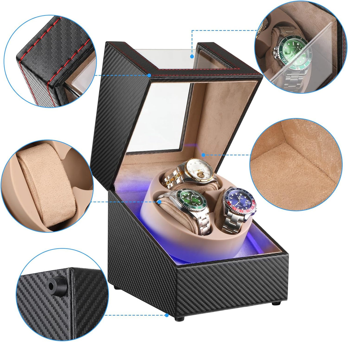 Watch Winder para 3 relojes automáticos, motor japonés silencioso