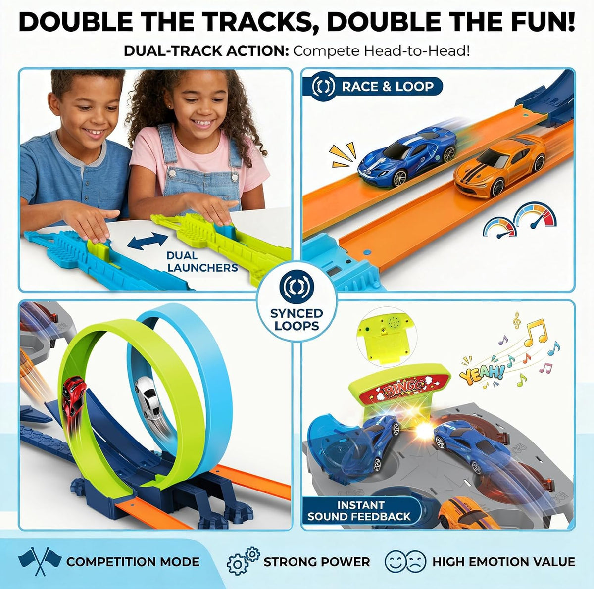 Juego de pistas de carreras de autos de juguete doble para niños, 2 jugadores, bucle y lanzamiento, juguete con puntos, 4 autos de carreras de aleación de metal, efectos de sonido interactivos y