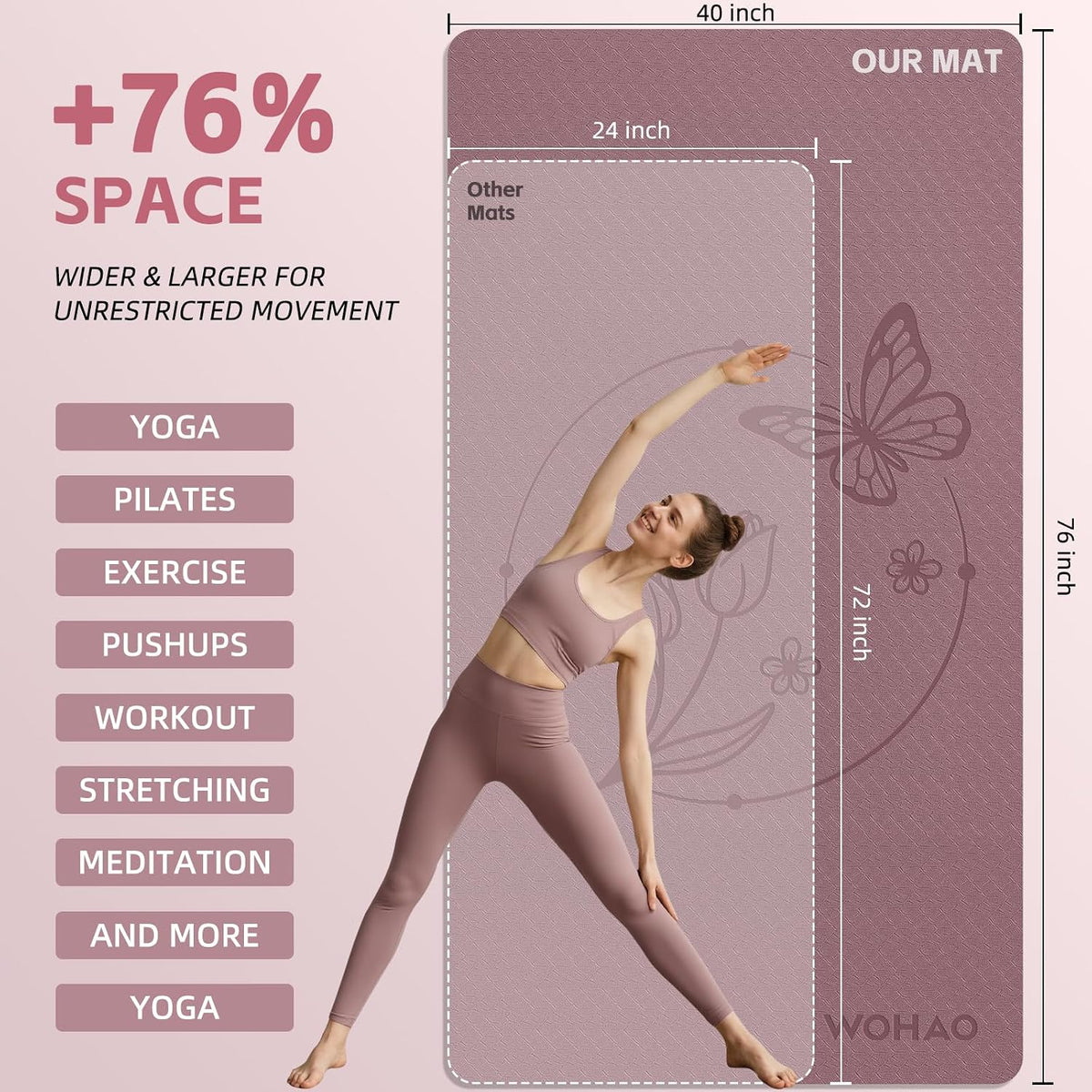 Tapete de Yoga Grande de 76"x40"x0.4" - Tapete de Ejercicio Extra Ancho y Grueso Antideslizante, Versátil para Estiramiento, Estudio de Yoga, Gimnasio, Hogar y Entrenamientos en Interiores