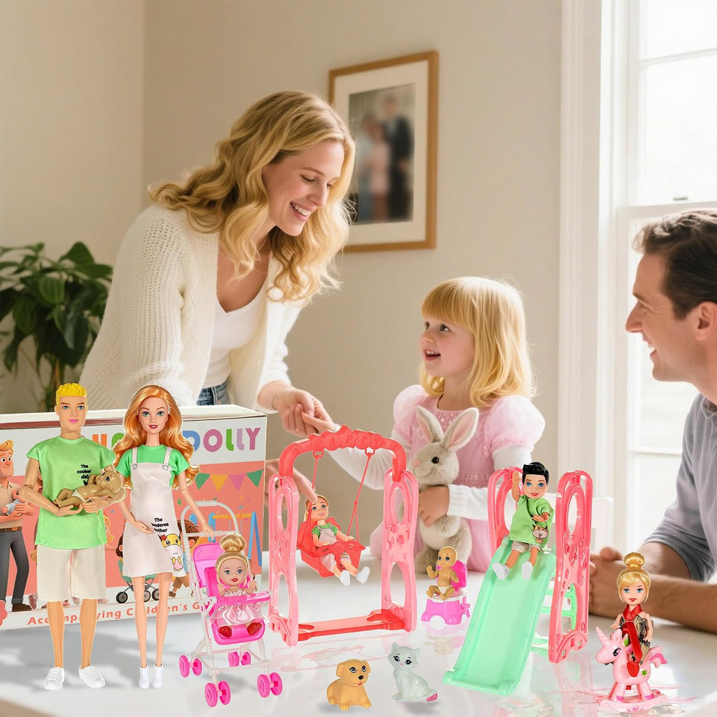 ebuddy Juego de muñecas familiares con tobogán, columpio y cochecito de bebé - 7 personas, mascotas y accesorios para regalo de niños pequeños de 3 a 12 años
