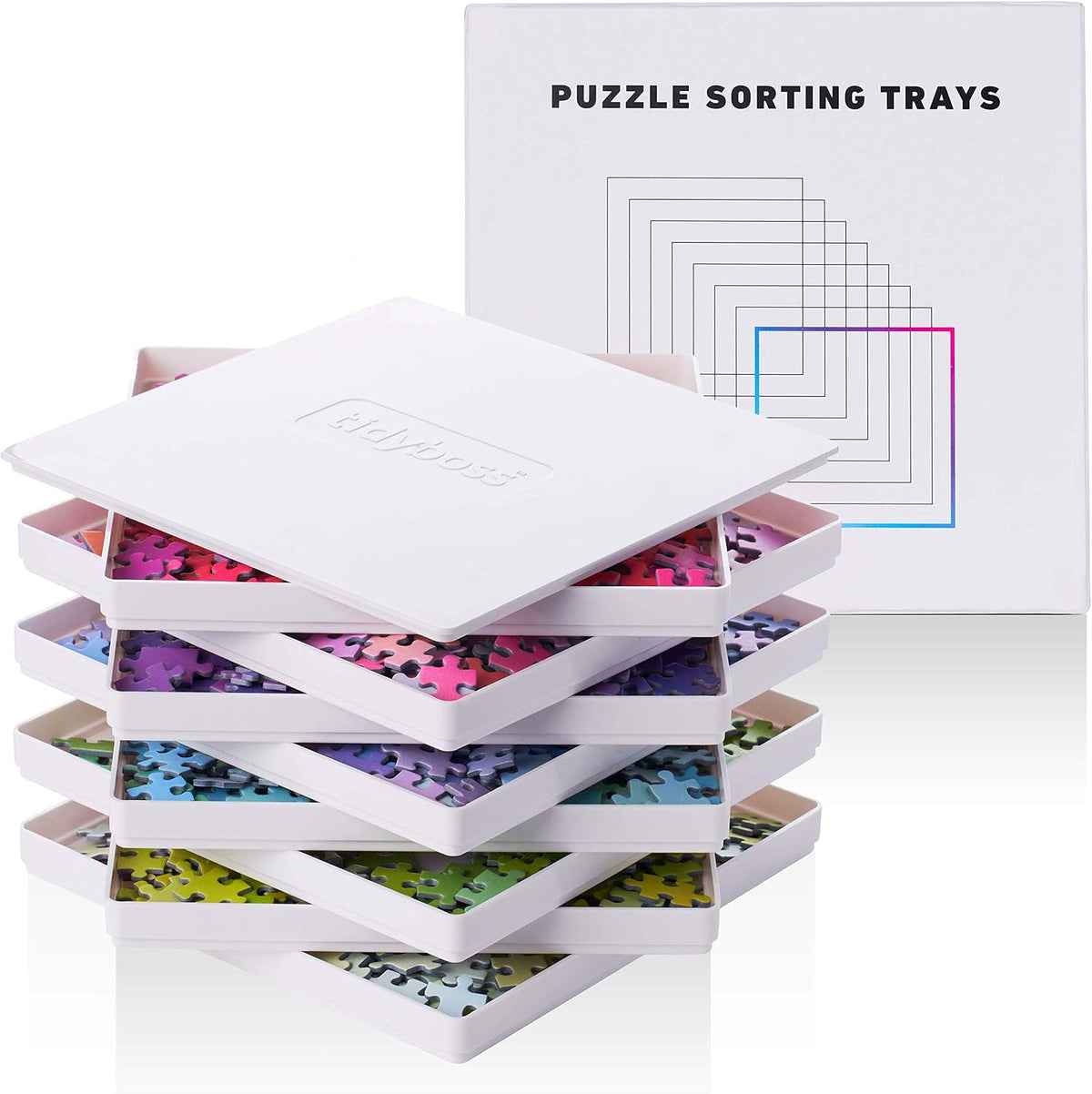 8 bandejas clasificadoras de rompecabezas con tapa de 10" x 10" - Accesorios portátiles para rompecabezas con fondo blanco que hace que las piezas resalten. Clasifica patrones, formas y