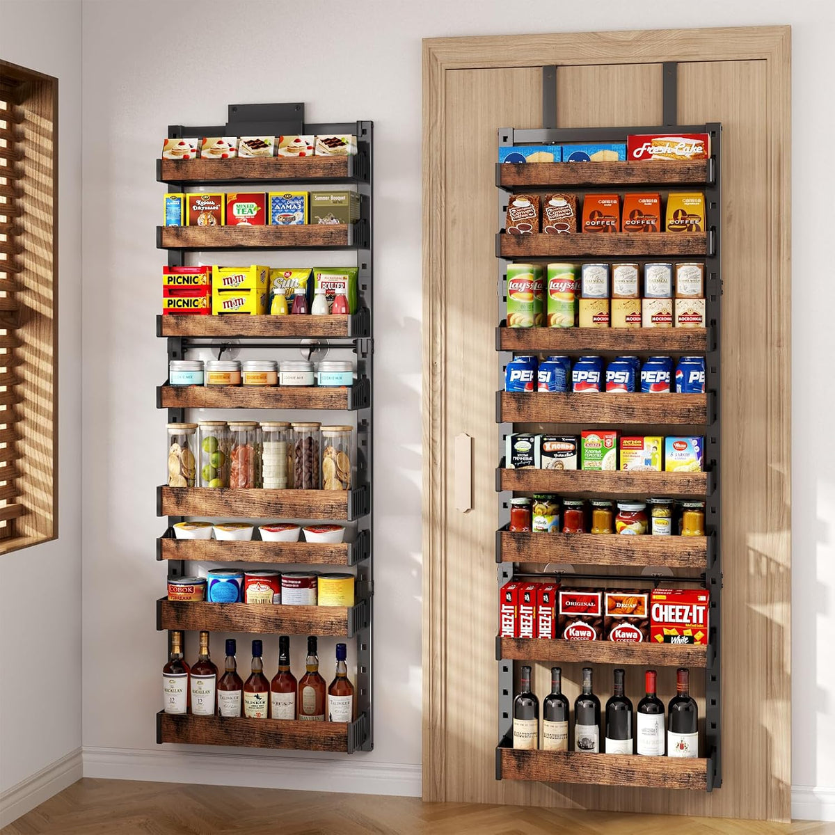 Organizador de despensa de 8 niveles sobre la puerta, soporte de pared de metal resistente o estante de especias colgante, estantes de almacenamiento detrás de la puerta con cesta ajustable, organizador trasero de puerta para armario de cocina y armario