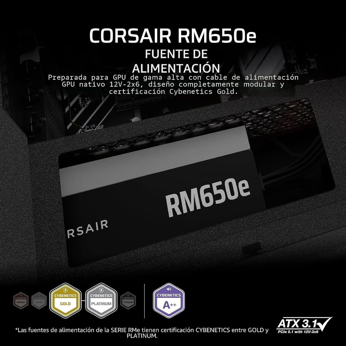 CORSAIR RM650e ATX 3.1 PCIe 5.1 Ready Fuente de alimentación comple...