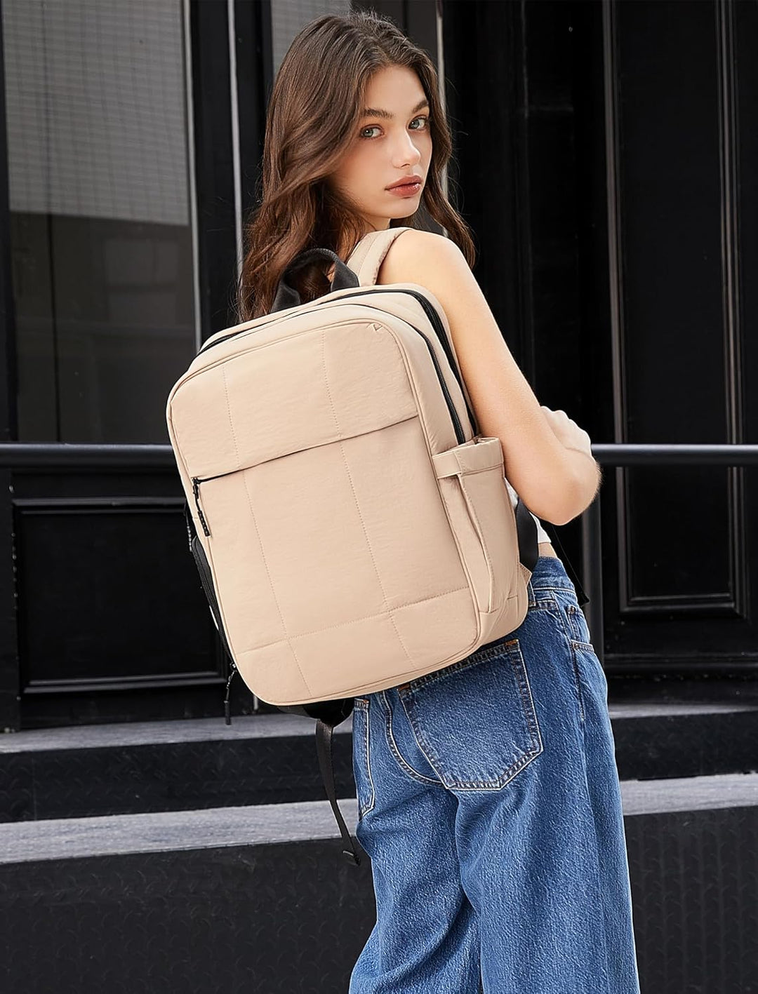 CLUCI Mochila esponjosa acolchada para laptop para mujeres, Caqui s...