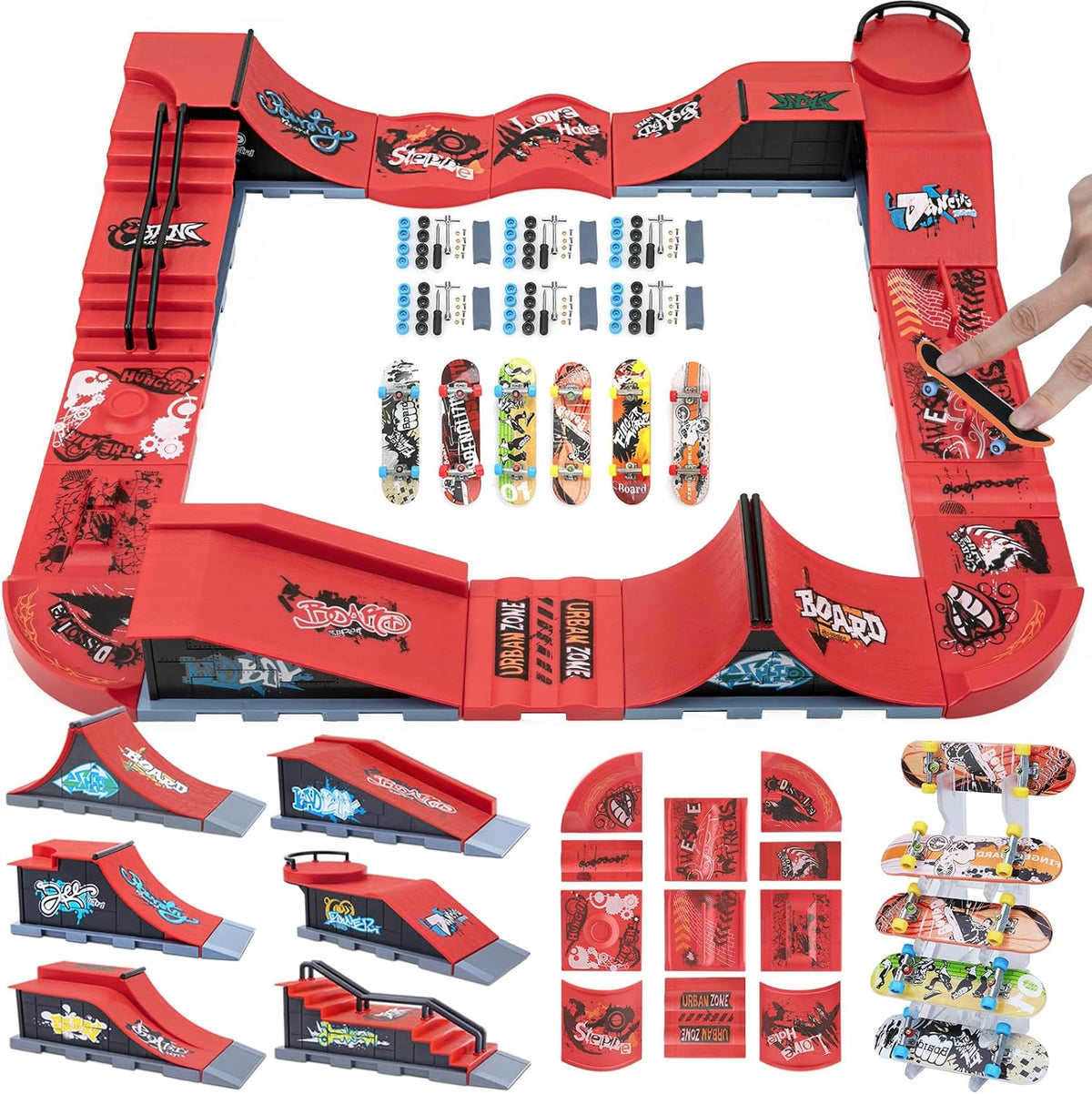 Gr8ware Juego de rampas de patineta de dedo, 6 en 1 más 11 placas de amortiguación, mini patineta para patineta de dedos, patinaje de figuras, patineta de diapasón, plataforma de obstáculos de media pipa para recuerdos de fiestas navideñas