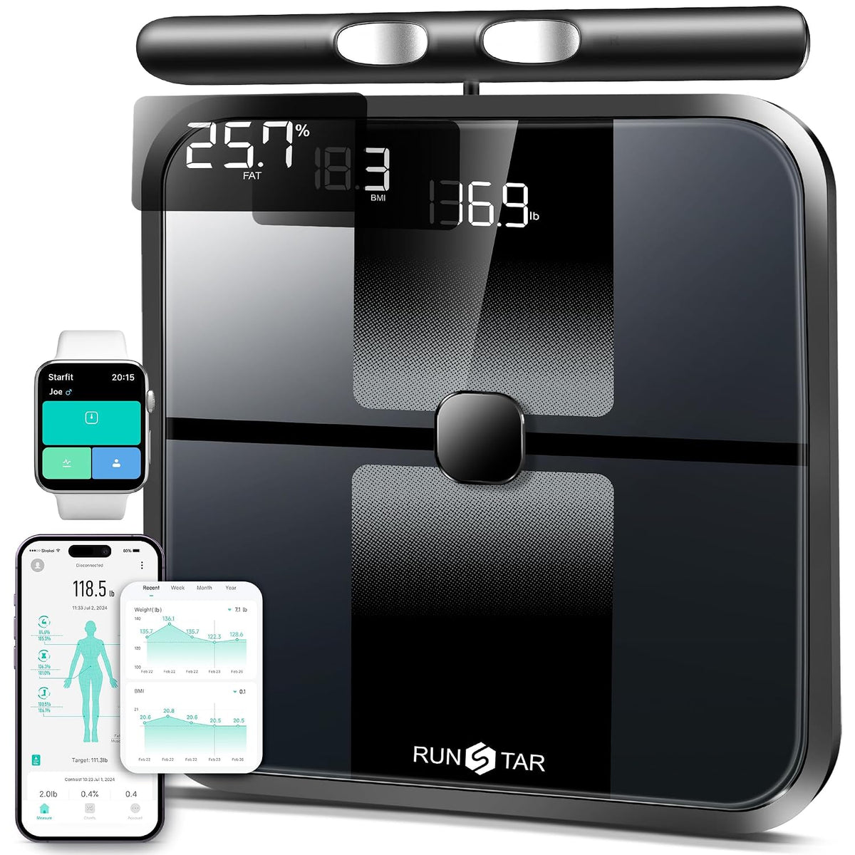 RunStar Báscula para Peso Corporal y Porcentaje de Grasa, Monitor de Composición Corporal de 8 Electrodos, 28 Métricas Corporales, App de Seguimiento Sync, IMC, Masa Muscular - Alta Precisión, Báscula Digital de Baño con Pantalla de 3 Métricas