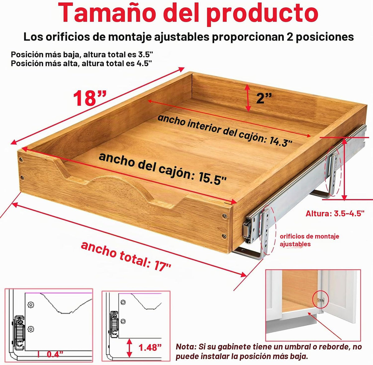 DINDON Organizador de cajones extraíble (17 pulgadas de ancho x 18 pulgadas de profundidad) 1 nivel, cajón deslizante de madera de roble para debajo del gabinete…