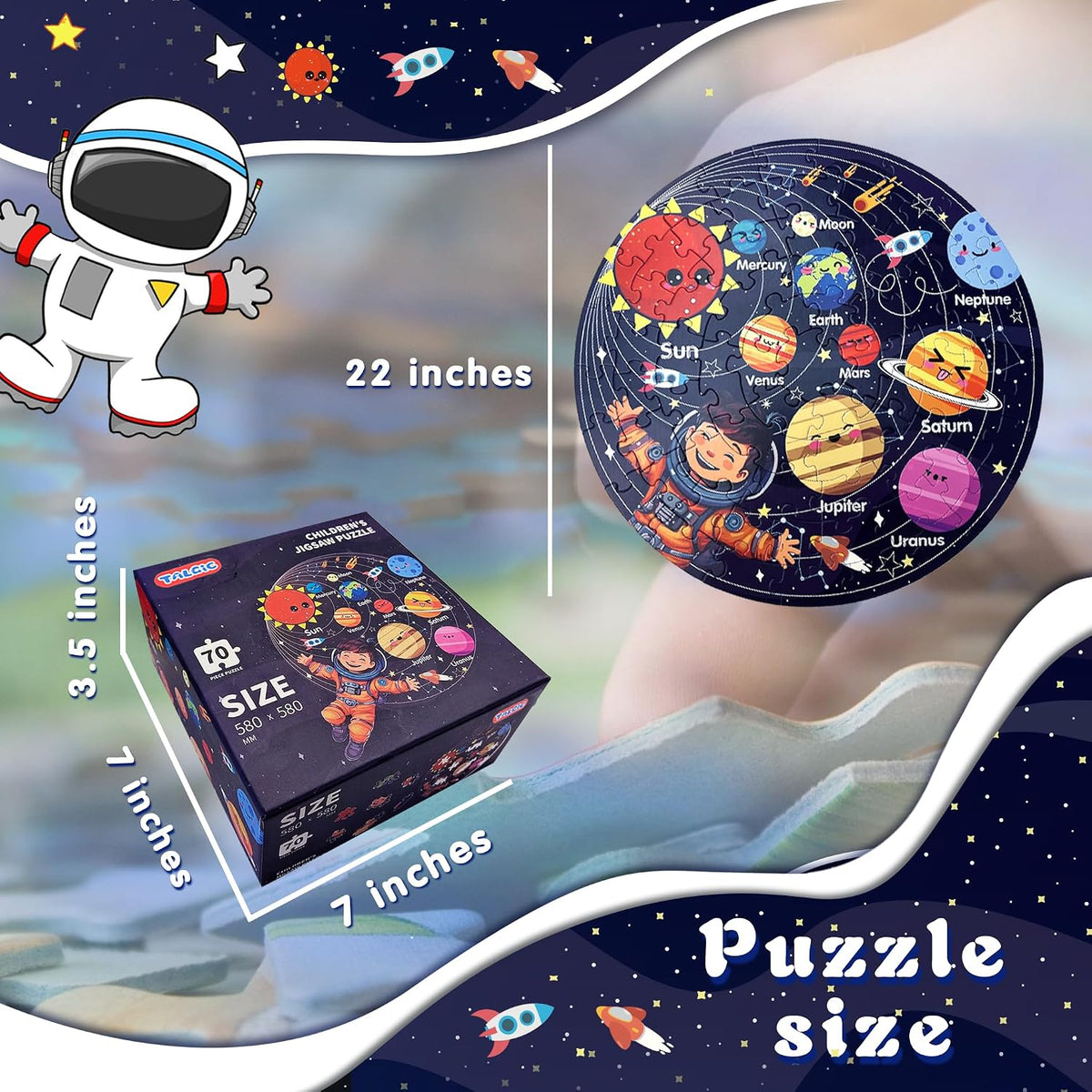 TALGIC Rompecabezas para niños de 4 a 6 años con planetas del sistema solar, 70 piezas redondas grandes rompecabezas de piso para niños de 3, 4, 5, 6, 7, 8 años, juguete educativo rompecabezas de