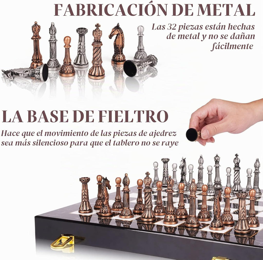 Juego de ajedrez de metal retro para adultos y niños – Tablero de ajedrez veteado con piezas de ajedrez – Juego de ajedrez de viaje con piezas de metal – Tablero de ajedrez plegable – Ideal para