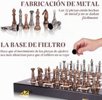 Juego de ajedrez de metal retro para adultos y niños – Tablero de ajedrez veteado con piezas de ajedrez – Juego de ajedrez de viaje con piezas de metal – Tablero de ajedrez plegable – Ideal para