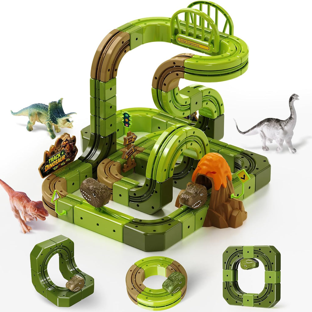 Juego de tren eléctrico de dinosaurio para niños, 90 piezas de