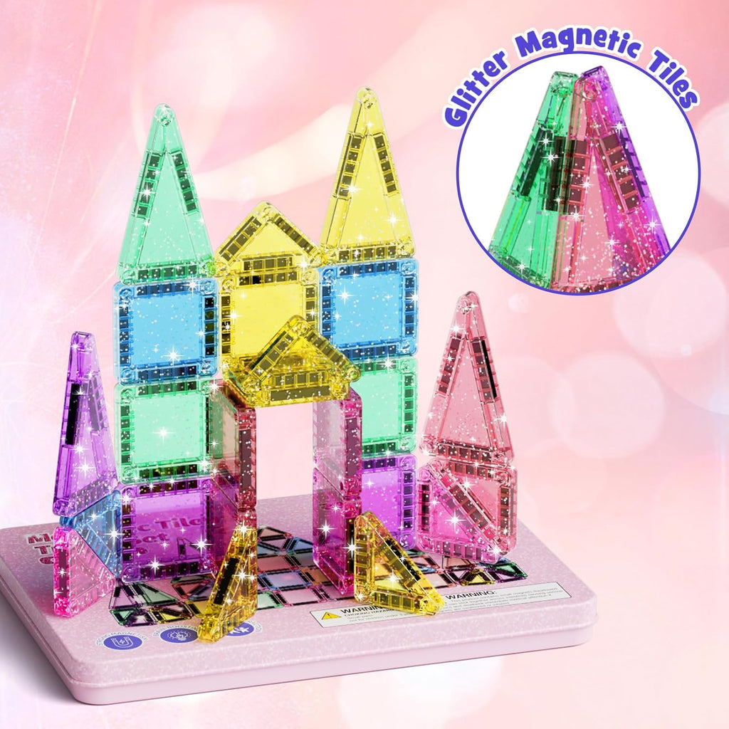 WMXDU Juego de 42 piezas de azulejos magnéticos con purpurina y caja de metal rosa, bloques de construcción STEM portátiles para niños de 3 a 8 años, juguetes educativos STEM Montessori para viajes en avión en automóvil