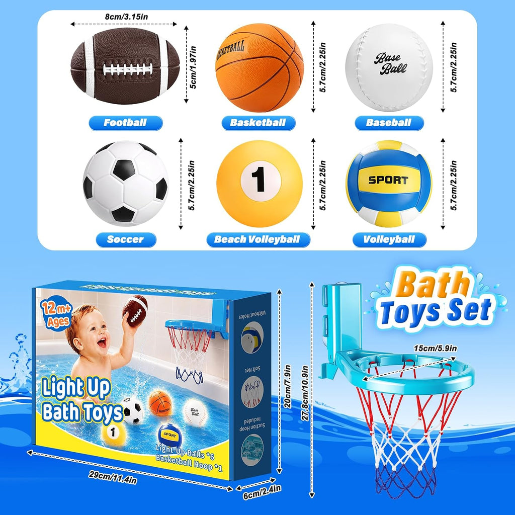 Juguetes de baño, juguete iluminado para bañera para niños pequeños de 1-3 años, 6 piezas con aro de baloncesto