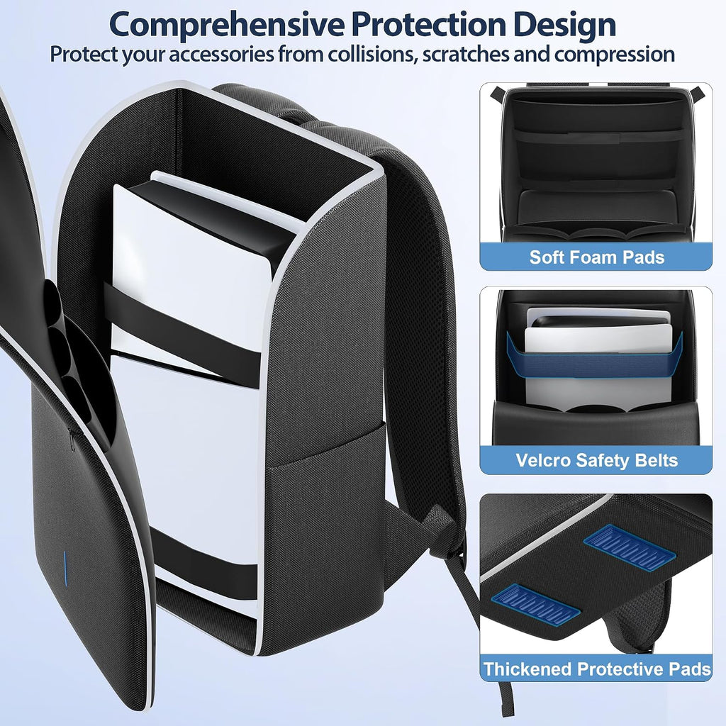 LVVIL Mochila para consola PS5/Slim/Pro, funda de transporte de protección completa para PS5, bolsa de viaje, bolsa de almacenamiento PS 5 de gran capacidad para controladores duales, portal PS, portátil, tarjetas de juego, kits de accesorios Sony PSP