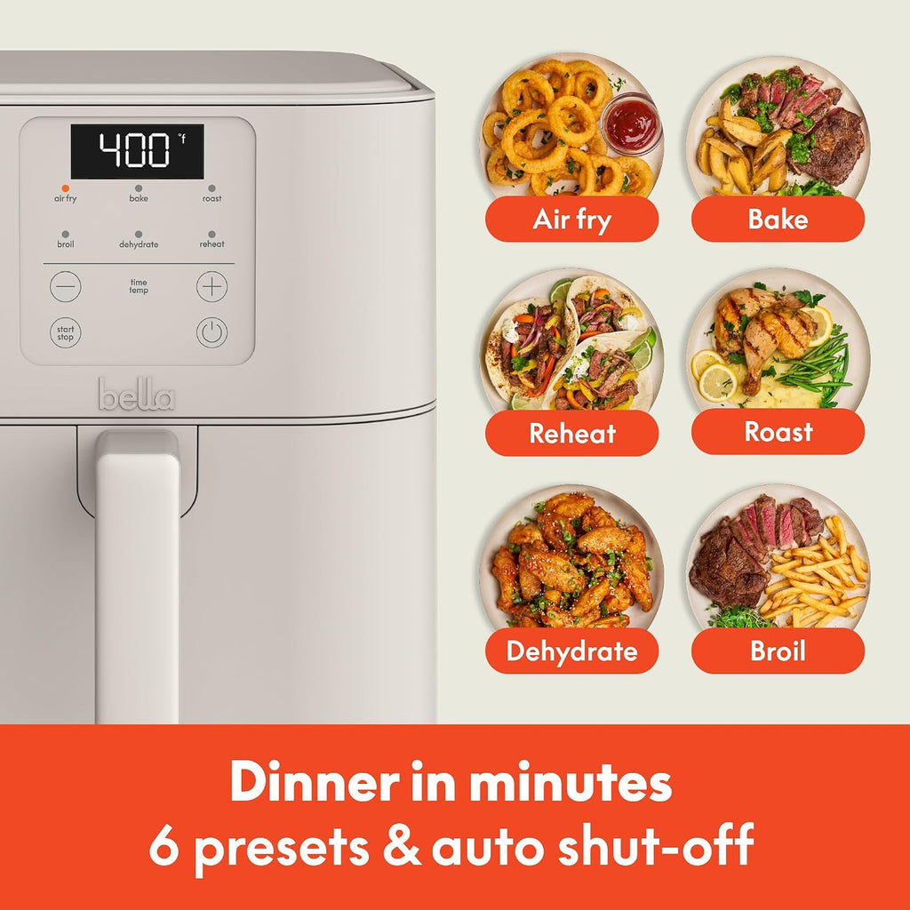 bella Freidora de Aire Delgada de 6 Qt, Utensilios de Cocina Fits-anywhere™, Revestimiento Antiadherente de Cerámica EverGood™, Temperatura Ajustable, 6 Opciones de Cocción Preestablecidas, Apagado