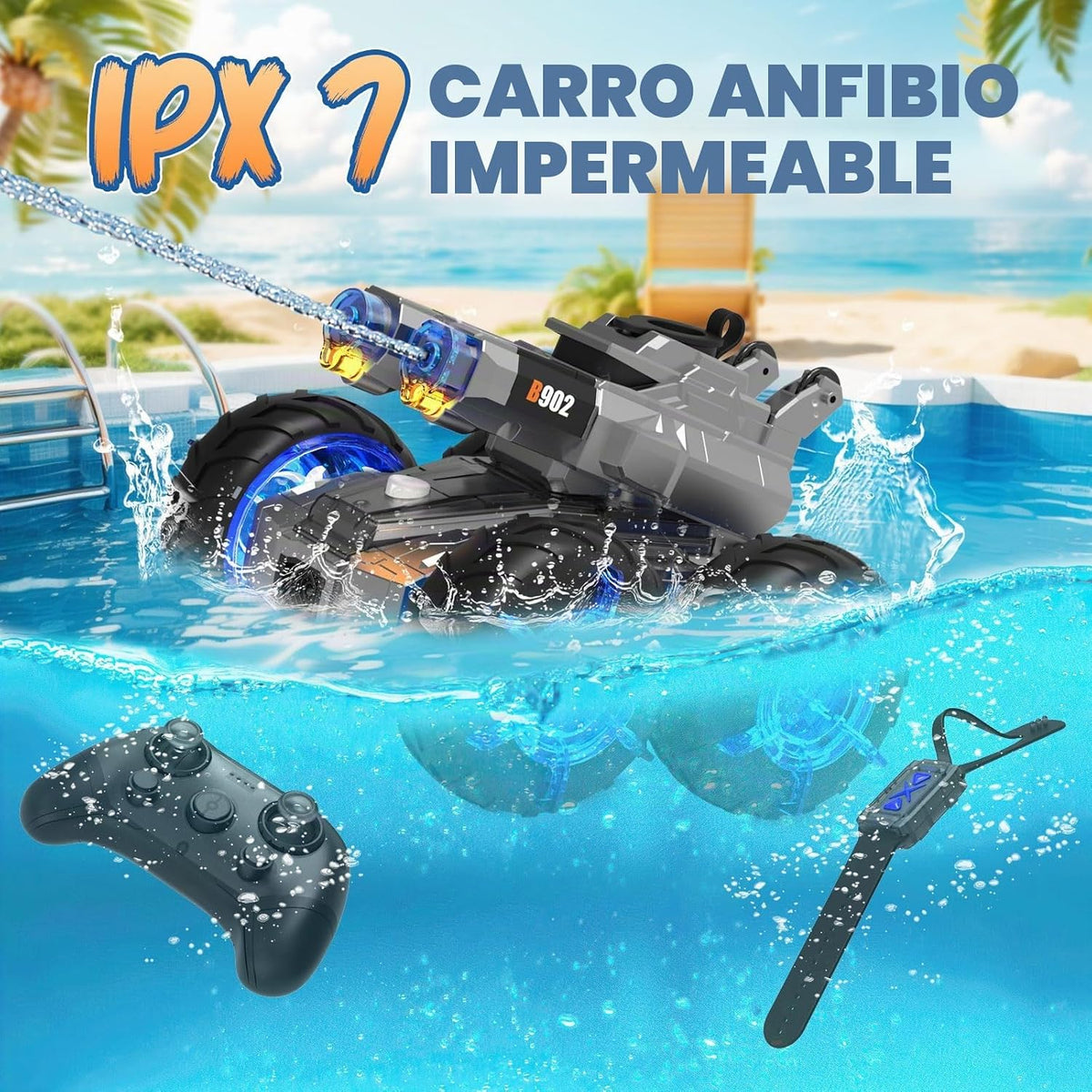 Coche de control remoto anfibio con pistola de agua