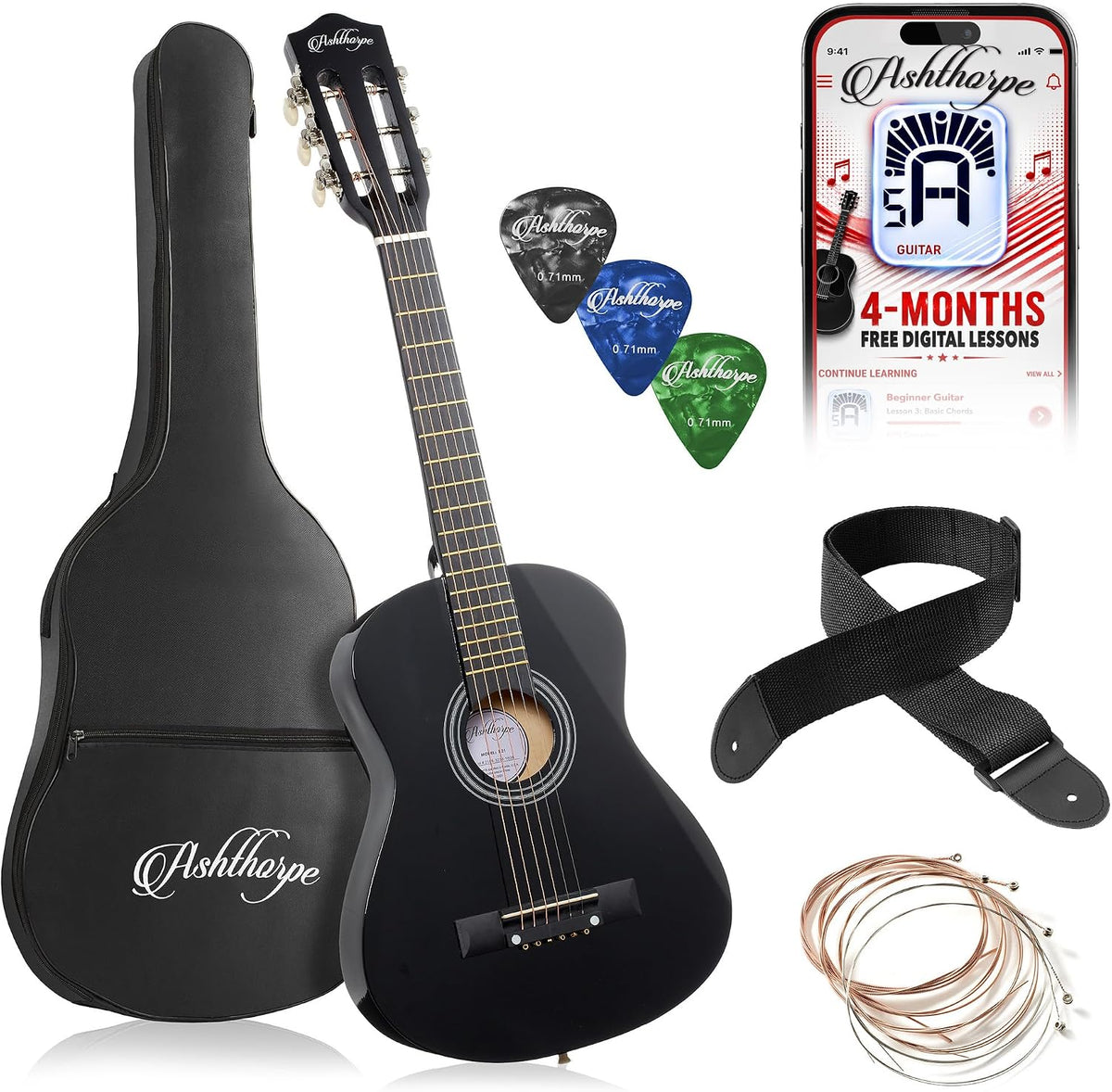 Ashthorpe Guitarra acústica para niños de 30 pulgadas (negra), kit de inicio para principiantes con bolsa de concierto, cuerdas adicionales, correa, púas y lecciones
