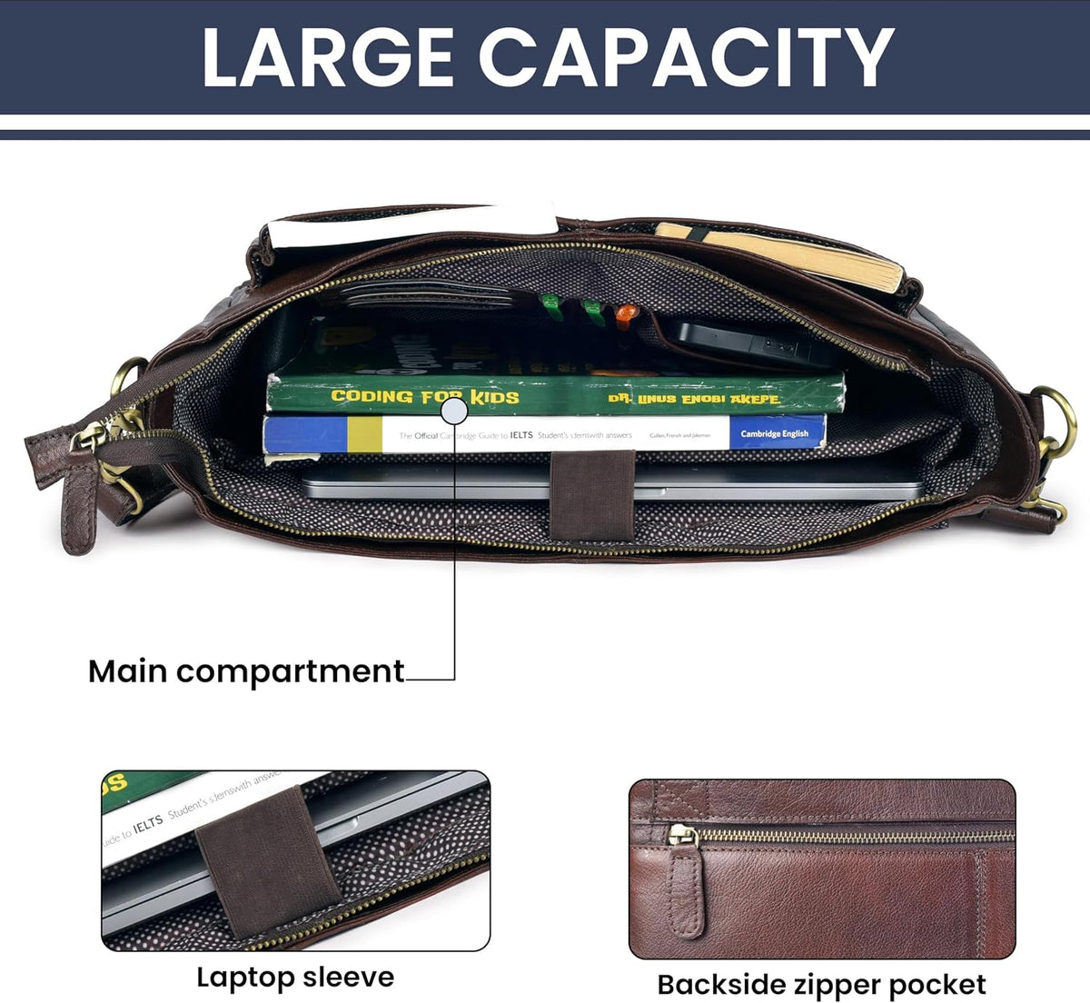 LEATHER VILLAGE Bolso Mensajero de Cuero Vintage–Morral Hecho a Mano de 15.5" para Hombres y Mujeres– Bolso de Hombro para Oficina, Viajes y Uso Diario