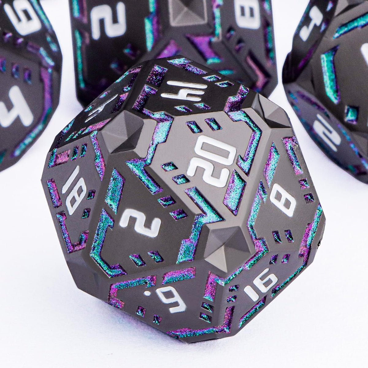 Juego de dados de ciencia ficción DND de metal, 7 dados poliédricos luminosos a rayas naranjas para Dungeons Dragons RPG, dados D y D con purpurina con caja de regalo D6 D8 D10 D12 D20