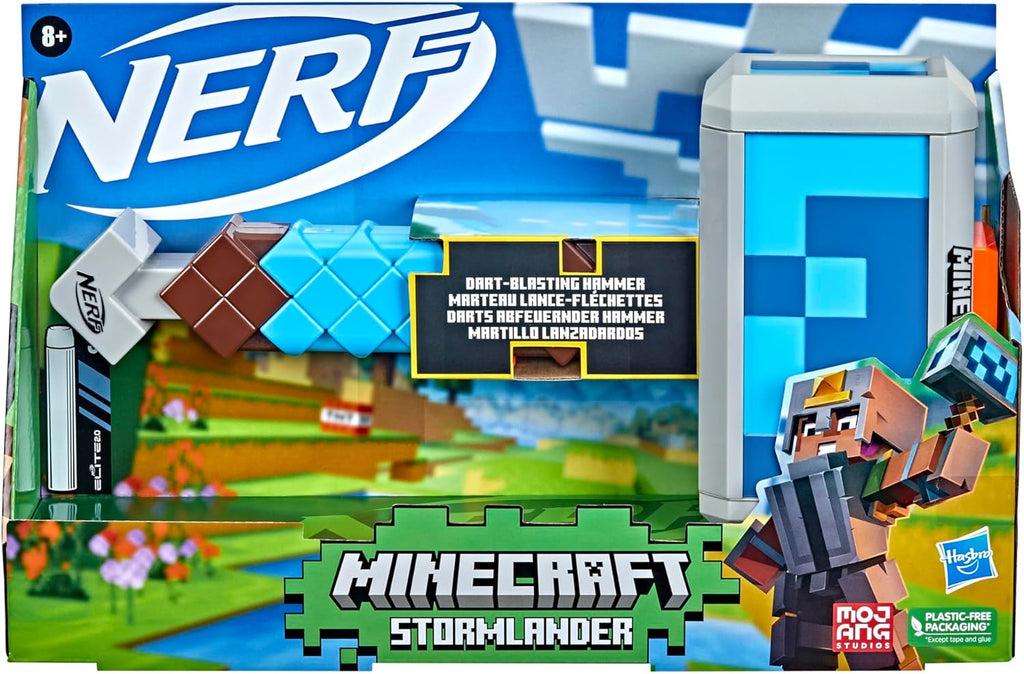 Nerf Minecraft Stormlander Martillo Lanzador de Dardos, Dispara 3 Dardos, Incluye 3 Dardos Elite Oficiales, Mango de Cebado con Tirador (Exclusivo de Amazon)