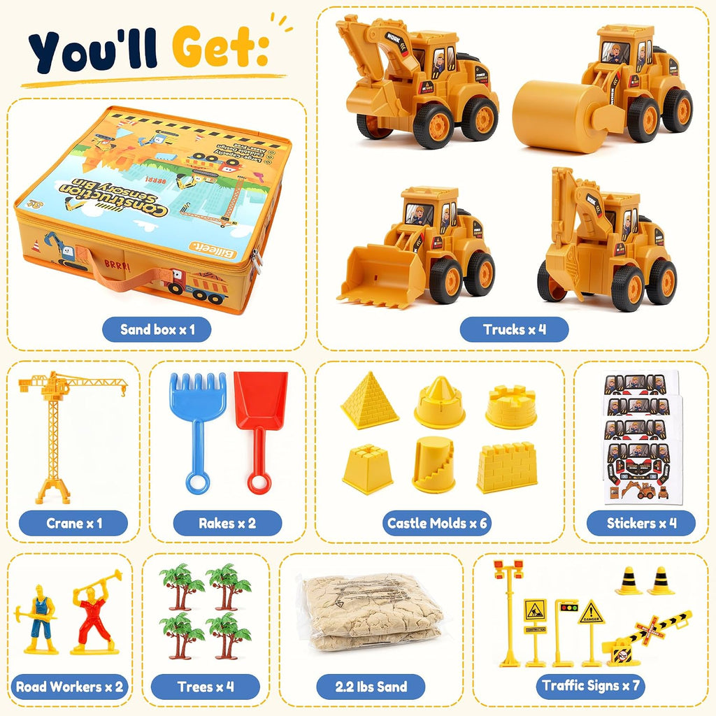 Billeeit Kit de construcción de arena con caja de arena, arena, camiones y