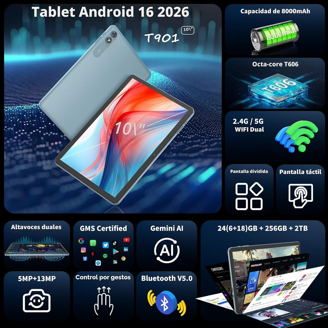 Tableta Android 16 mejorada 2026, tableta de 10 pulgadas con teclad...