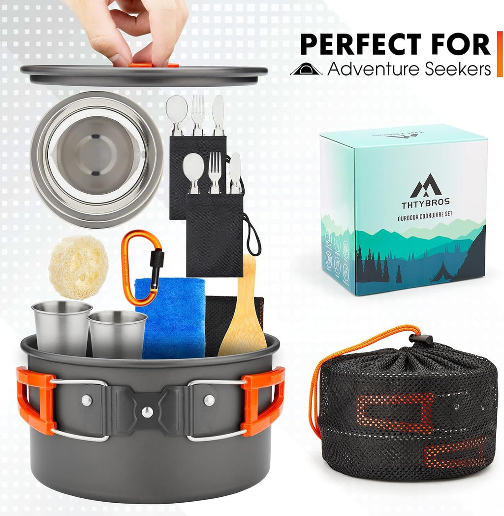 THTYBROS Kit de utensilios de cocina para acampar de 17 piezas, olla de 0.45 galones, sartén de 7 pulgadas, juego de hervidor de 0.30 galones con 2 juegos de tazas, platos, tenedores, cuchillos y